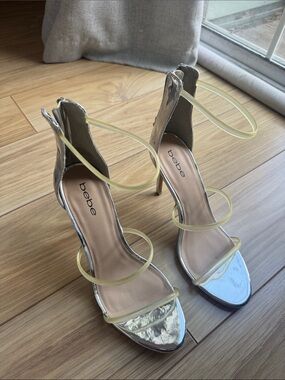 bebe Metallic Gold Stiletto Sandals with Pale Yellow Straps